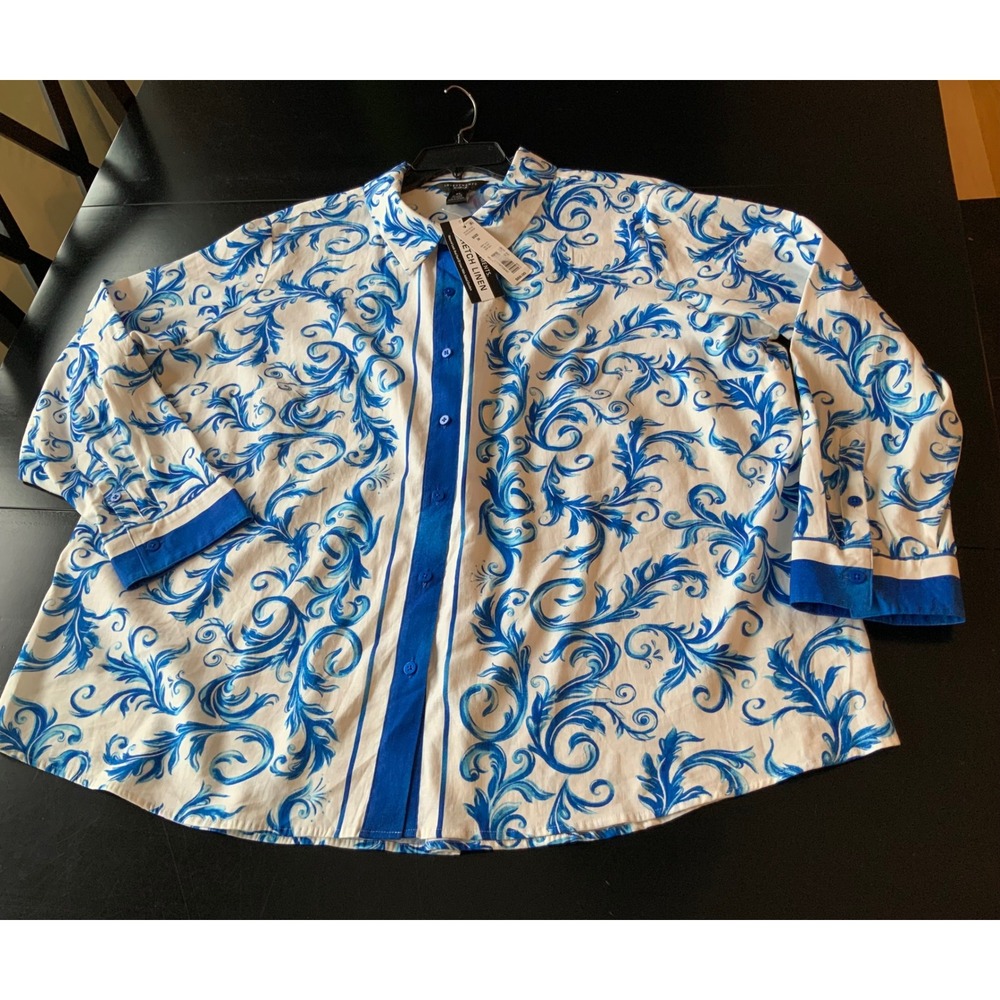 Investments linen blend blouse 3X stretch blue white‎